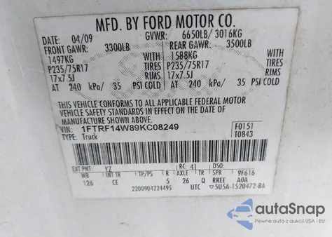 2009 Ford F-150 Stx/Xl/Xlt z USA, uszkodzony, nr VIN 1FTRF14W89KC08249